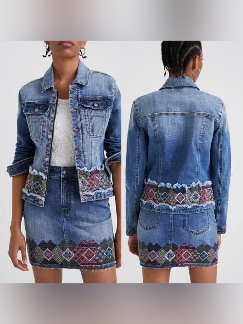 Desigual Boho Embroidered Denim Mini Skirt Size EU 42 / US 10